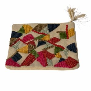 Beaded Clutch Bag Womens Small Multicolor Geometric Tassel Zip Pouch Canvas